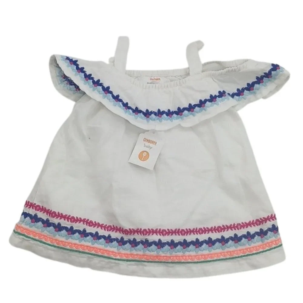 GYMBOREE Dress Boho Embroidered White Ruffle Linen Blend Girls Size 0-3 Months